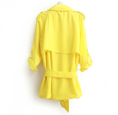 Casual Style Turn-Down Collar Solid Color Tie-Up Long Sleeve Coat For Women YELLOW