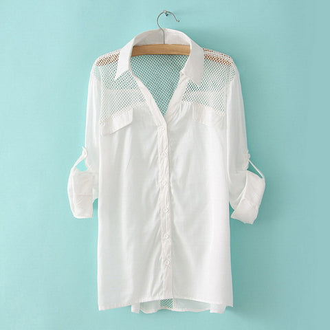 Stylish Mesh Splicing Button Down Long Sleeve Women's Shirt