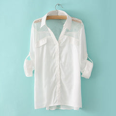 Stylish Mesh Splicing Button Down Long Sleeve Women's Shirt