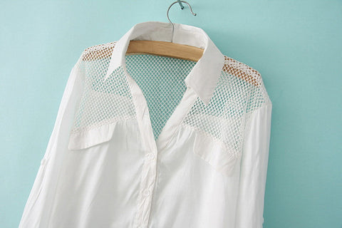 Stylish Mesh Splicing Button Down Long Sleeve Women's Shirt