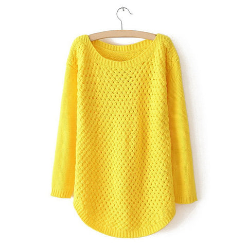 Scoop Neck Openwork Candy Color Women's Plus Size Sweaters YELLOW