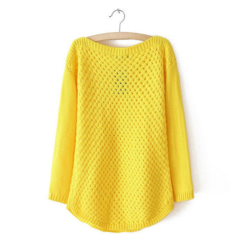 Scoop Neck Openwork Candy Color Women's Plus Size Sweaters YELLOW