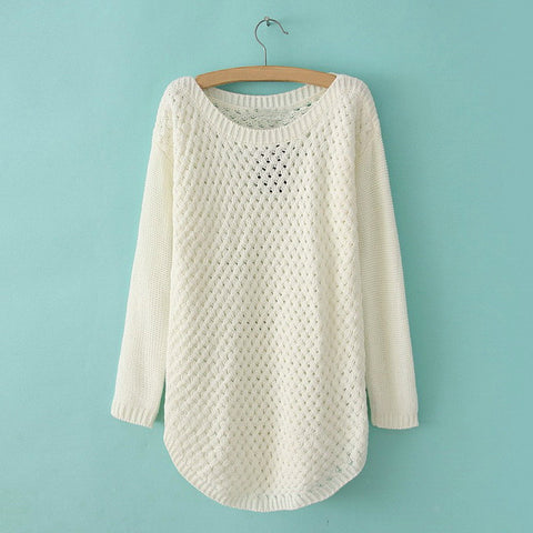 Scoop Neck Openwork Candy Color Women's Plus Size Sweaters WHITE