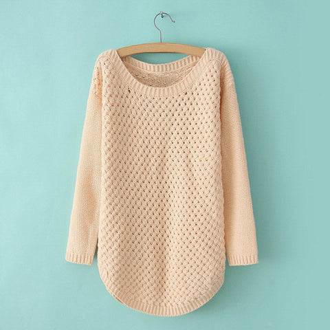 Scoop Neck Openwork Candy Color Women's Plus Size Sweaters PINK