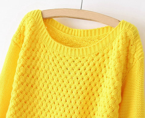 Scoop Neck Openwork Candy Color Women's Plus Size Sweaters YELLOW