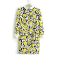 Ladylike Collar Tulip Flower Long Dress 3/4 Sleeves YELLOW