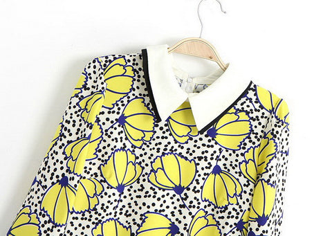 Ladylike Collar Tulip Flower Long Dress 3/4 Sleeves YELLOW