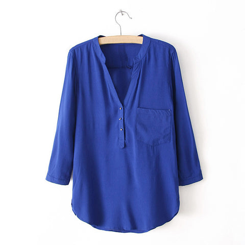 Casual Style V-Neck Solid Color Pocket 3/4 Sleeve Shirt For Women