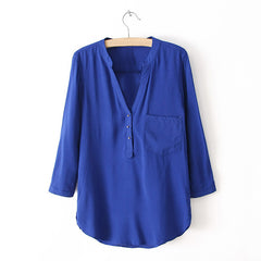 Casual Style V-Neck Solid Color Pocket 3/4 Sleeve Shirt For Women