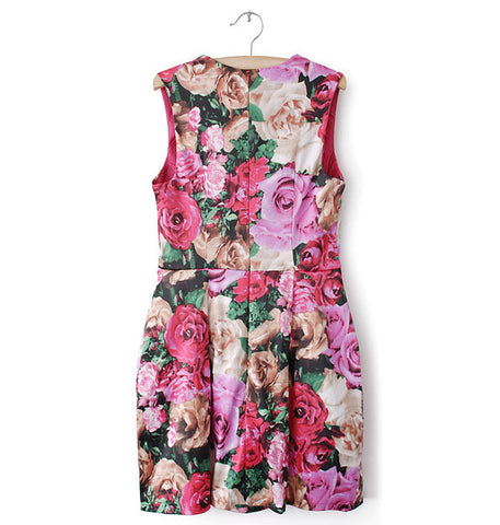 Sleeveless Round Neck Floral Print Polyester Retro Style Women's Dress