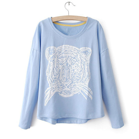 Casual Style Scoop Neck Tiger Print Splicing Long Sleeve T-Shirt For Women BLUE