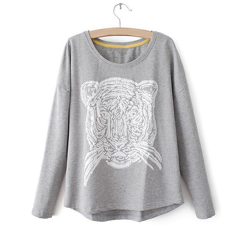 Casual Style Scoop Neck Tiger Print Splicing Long Sleeve T-Shirt For Women GRAY
