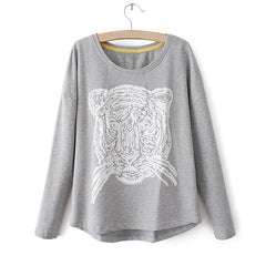 Casual Style Scoop Neck Tiger Print Splicing Long Sleeve T-Shirt For Women GRAY