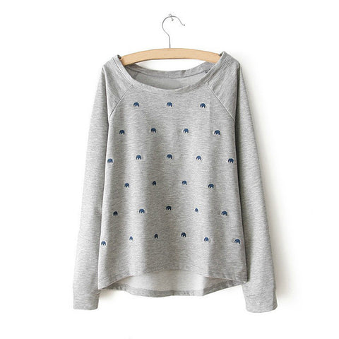 Casual Style Scoop Neck Elephant Embroidery Asymmetrical Long Sleeve T-Shirt For Women GRAY