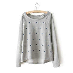 Casual Style Scoop Neck Elephant Embroidery Asymmetrical Long Sleeve T-Shirt For Women GRAY
