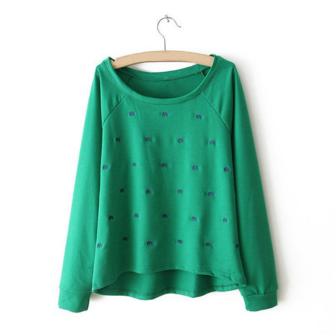 Casual Style Scoop Neck Elephant Embroidery Asymmetrical Long Sleeve T-Shirt For Women GREEN