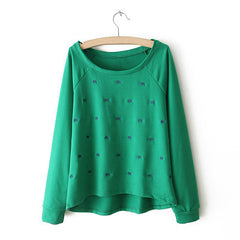 Casual Style Scoop Neck Elephant Embroidery Asymmetrical Long Sleeve T-Shirt For Women GREEN