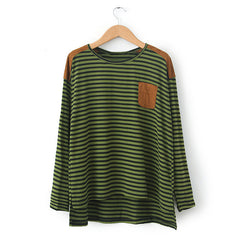 Casual Style Scoop Neck Stripe Pocket Splicing Asymmetrical Long Sleeve Cotton T-Shirt For Women GREEN