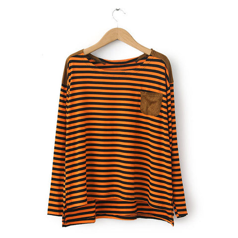Casual Style Scoop Neck Stripe Pocket Splicing Asymmetrical Long Sleeve Cotton T-Shirt For Women BROWN