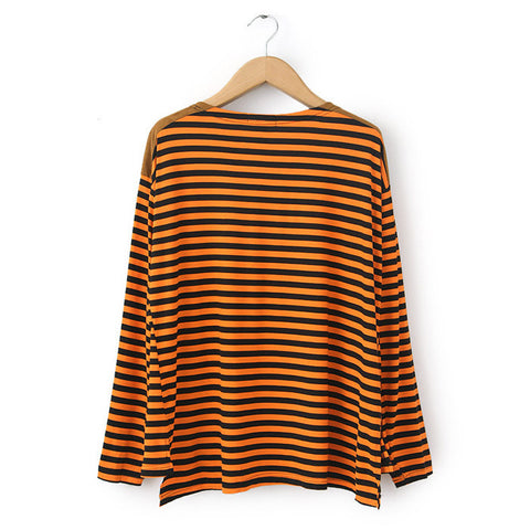 Casual Style Scoop Neck Stripe Pocket Splicing Asymmetrical Long Sleeve Cotton T-Shirt For Women BROWN