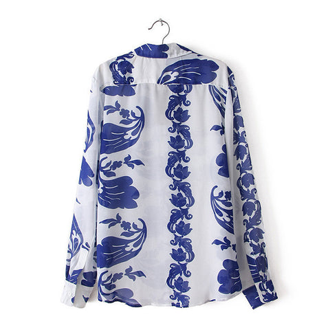 Plus Size Blue And White Porcelain Print Long Sleeves Women's Chiffon Shirt
