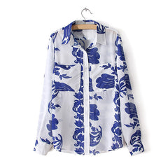 Plus Size Blue And White Porcelain Print Long Sleeves Women's Chiffon Shirt