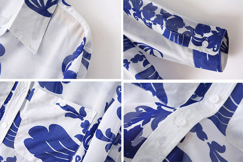 Plus Size Blue And White Porcelain Print Long Sleeves Women's Chiffon Shirt