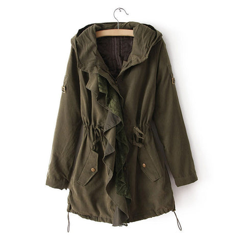 Stylish Lace Splicing Long Sleeved Drawstring Hooded Women's Coat