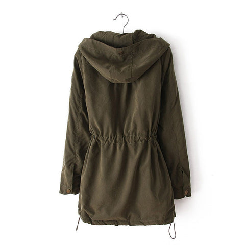 Stylish Lace Splicing Long Sleeved Drawstring Hooded Women's Coat