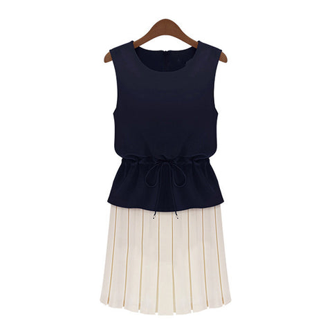 Color Block Sleeveless Scoop Neck Chiffon Ladylike Style Women's Dress BLACK