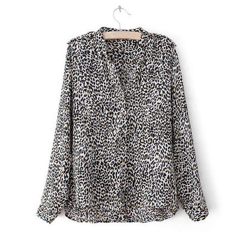 Stylish V-Neck White Leopard Print Long Sleeve Women's Blouse