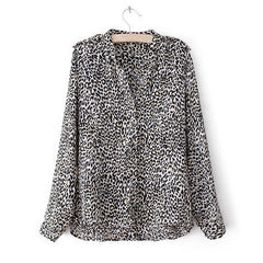 Stylish V-Neck White Leopard Print Long Sleeve Women's Blouse