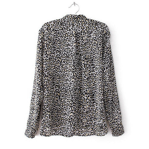Stylish V-Neck White Leopard Print Long Sleeve Women's Blouse