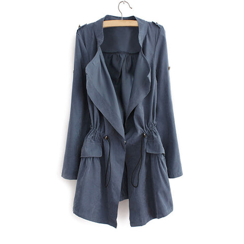 Elegant Solid Color Beam Waist Ruffle Women's Coat BLUE