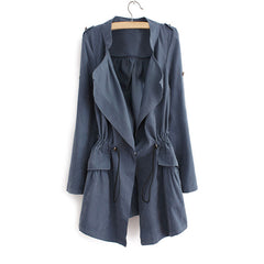Elegant Solid Color Beam Waist Ruffle Women's Coat BLUE