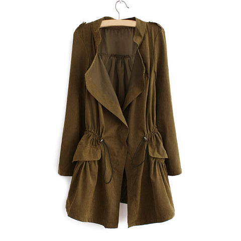 Elegant Solid Color Beam Waist Ruffle Women's Coat ARMY GREEN