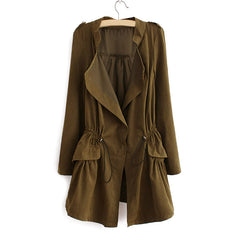 Elegant Solid Color Beam Waist Ruffle Women's Coat ARMY GREEN