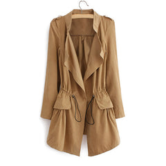 Elegant Solid Color Beam Waist Ruffle Women's Coat KHAKI