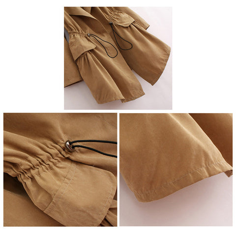 Elegant Solid Color Beam Waist Ruffle Women's Coat KHAKI