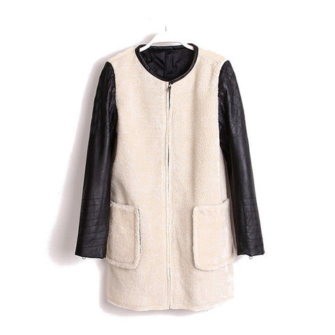 Women's Coat Zipper Round Neck PU Leather Long Sleeved