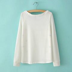 Casual Style Scoop Neck Elephant Embroidery Asymmetrical Long Sleeve T-Shirt For Women WHITE