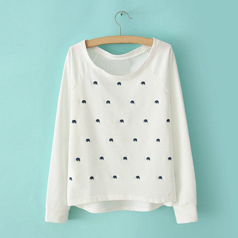 Casual Style Scoop Neck Elephant Embroidery Asymmetrical Long Sleeve T-Shirt For Women WHITE