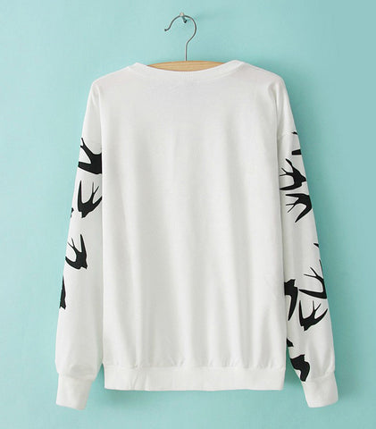 Casual Style Round Neck Swallow Print Contrast Color Long Sleeve Sweater For Women WHITE
