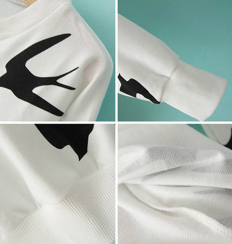 Casual Style Round Neck Swallow Print Contrast Color Long Sleeve Sweater For Women WHITE