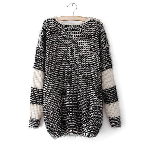Trendy Wide Stripes Long Sleeve Women's Cheap Oversized Sweaters BLACK