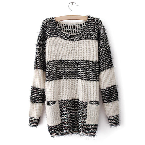 Trendy Wide Stripes Long Sleeve Women's Cheap Oversized Sweaters BLACK