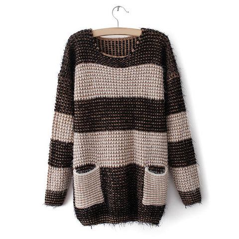 Trendy Wide Stripes Long Sleeve Women's Cheap Oversized Sweaters COFFEE