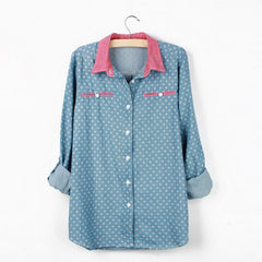 Shirt Neck Five-Star Print Long Sleeves Denim Casual Style Women's Shirt