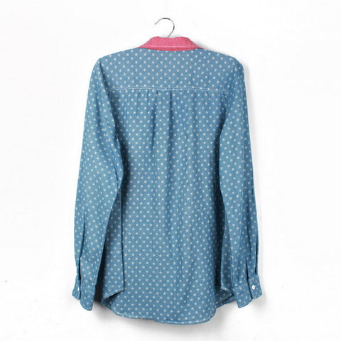 Shirt Neck Five-Star Print Long Sleeves Denim Casual Style Women's Shirt