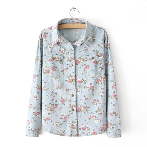 Long Sleeves Tiny Flowers Pattern Pockets Single-breasted Casual Women's Shirt LIGHT BLUE